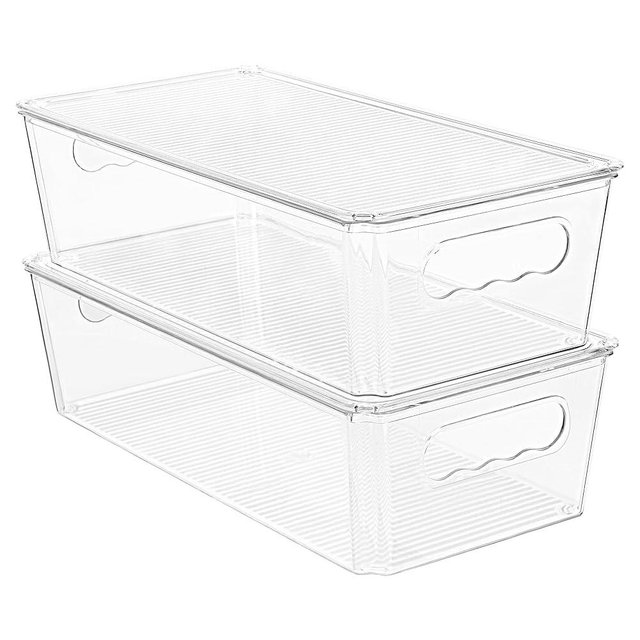 Vtopmart 2pcs Clear Organizers and Storage Bins with Lids, Stackable Plastic Storage Containers with Handles for Fridge, Freezer, Pantry, Cabinet, Kitchen Organization