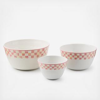 Rosy Check 3-Piece Everyday Stoneware Mixing Bowl Set