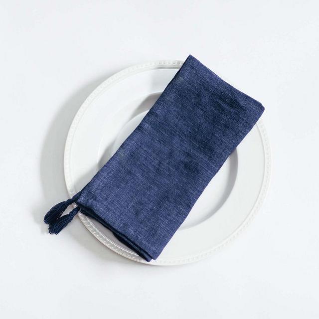 Stone Washed Linen Tassled Dinner Napkin Navy