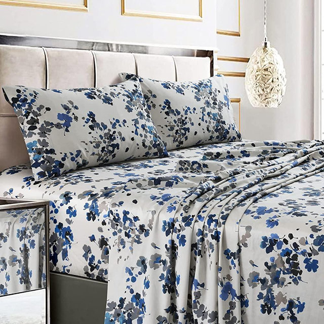Tribeca Living Queen Bed Sheet Set, Soft Cotton Sateen Printed Sheets Floral Print, Extra Deep Pocket, 300 Thread Count, 4-Piece Bedding Sets, Lisbon Blue/Multi, (LISB4PSSQUBL)