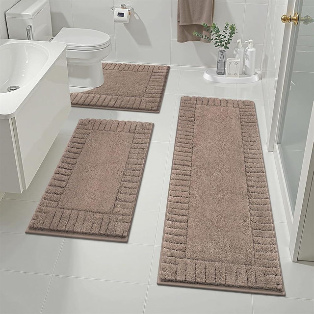 Pauwer Bathroom Rugs Sets 3 Piece Bathroom Shower Rugs with U-Shaped Contour Toilet Mat Absorbent Microfiber Plush Bath Mats Non Slip Bath Rugs Machine Washable Shaggy Bath Mat Set, Coffee