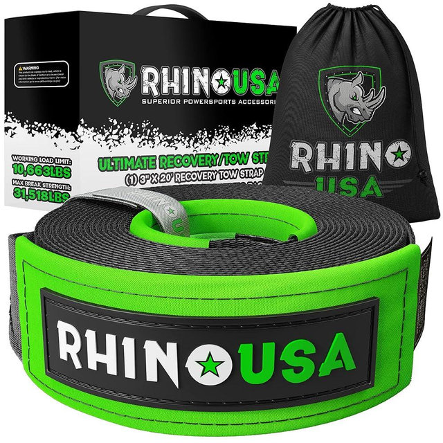 RHINO USA Recovery Tow Strap 3" x 20ft - Lab Tested 31,518lb Break Strength - Heavy Duty Draw String bag Included - Triple Reinforced Loop End to Ensure Peace of Mind - Emergency Off Road Towing Rope