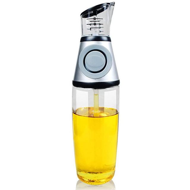 RYAGZAM Kitchen Oil Dispenser Press and Measure Oil Dispenser Bottle, Cruet with Pourers,Wide Opening for Easy Refill and Cleaning, Clear Glass Oil Bottle with Scale 17oz [500ml]
