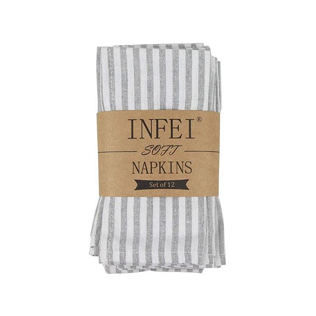INFEI Soft Plain Striped Linen Cotton Dinner Cloth Napkins - Set of 12 (40 x 30 cm) - for Events & Home Use (Grey)