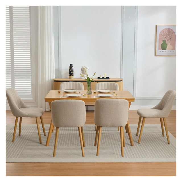 Dining Chairs Set of 6,Modern Fabric Upholstered Kitchen Chairs with Solid Oak Legs, Beige