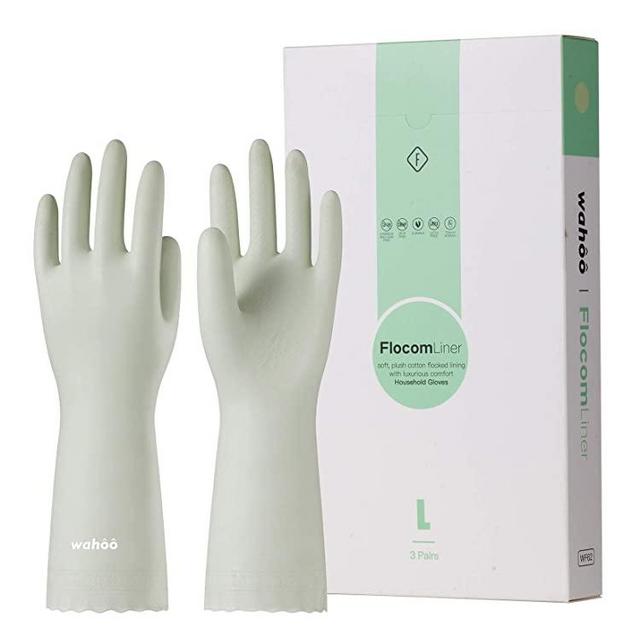 Wahoo 3 Pairs PVC Dishwashing Cleaning Gloves, Skin-Friendly, Reusable Kitchen Gloves with Cotton Flocked Liner, Non-Slip, Large