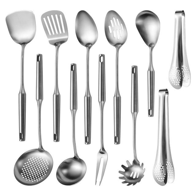304 Stainlss Steel Kitchen Utensils Set, 11 Pcs Long Metal Cooking Utensil Gadgets Tools Set with Spatula, Ladle, Spoon, Ladle, Skimmer, Tunner, Pasta Server, Tongs(Silver, Dishwasher Safe)