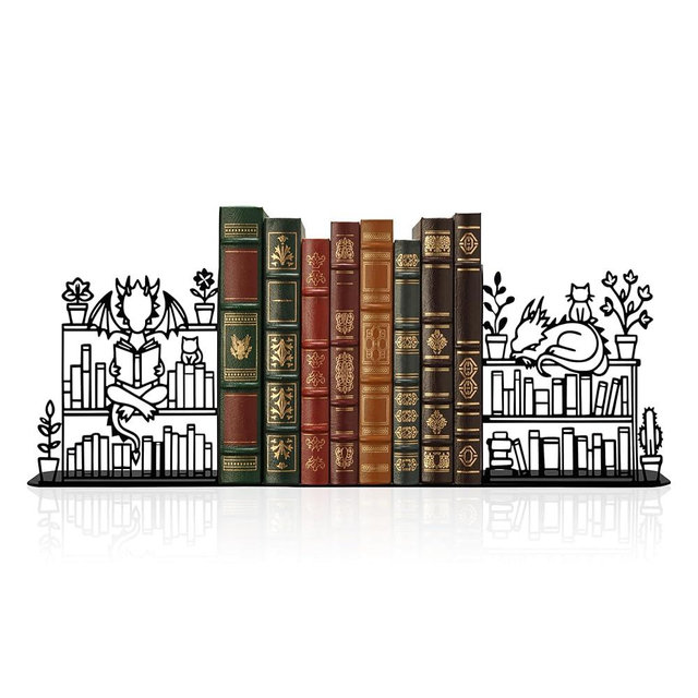 Metal Dragon Reading Book Decorative Bookend 9.1x 4.7 Inches, Unique Dragon Bookends Decorative, Fantasy Dragon Decor,Cute and Fantasy Bookends with Dragon and Cat Lying on The Bookshelf Pattern
