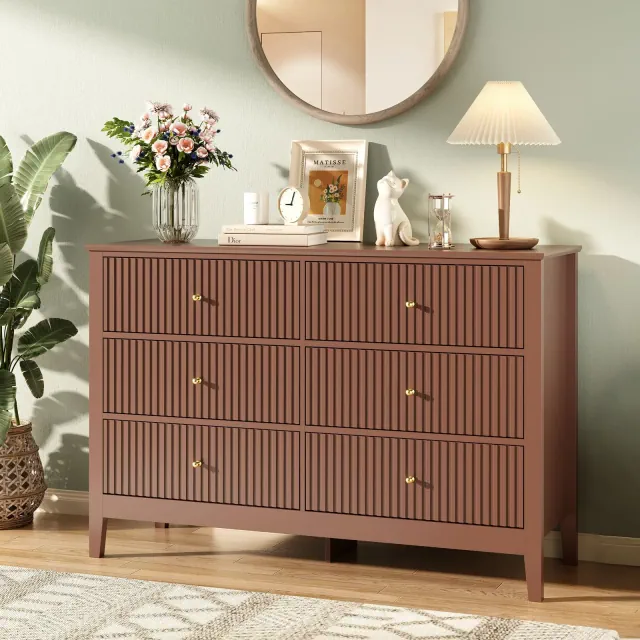 47" Wood Dresser for Bedroom, 6 Drawers Mondern Fluted Chest of Drawers with Storage, Brown