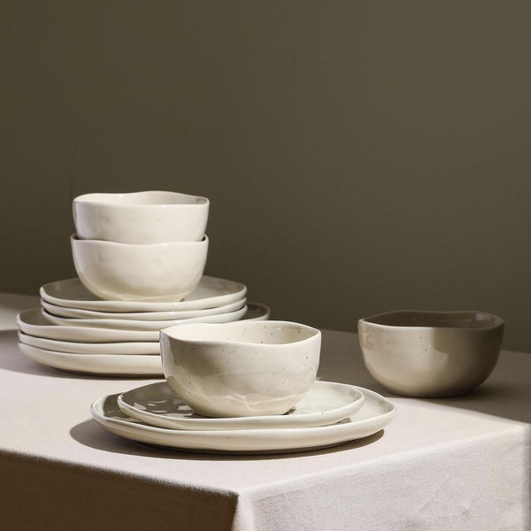 Stone Lain Mirella 12-Piece Stoneware Dinnerware Set, Service for 4 – Cream with Speckle, Reactive Glaze – Stylish Dinner Plates, Salad Plates & Bowls, Microwave & Dishwasher Safe