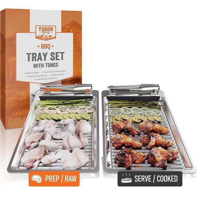 Yukon Glory BBQ Tray Set with Tongs | Grilling Prep and Serve Trays | Colored Trays - Orange and Grey | Stainless Steel Serving Tray - Set of 2