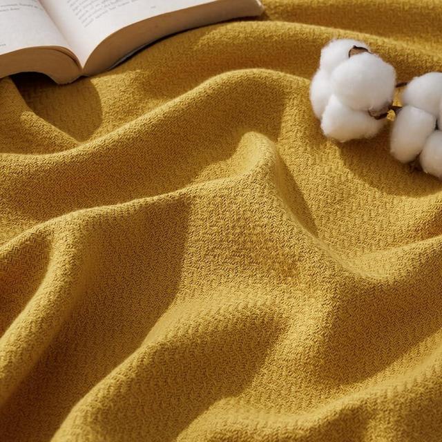 Bedsure 100% Cotton Blanket Queen Size for Bed - Breathable and Lightweight, Soft Cozy Textured Herringbone Woven Blanket for Summer Spring, Yellow, 90x90 inches