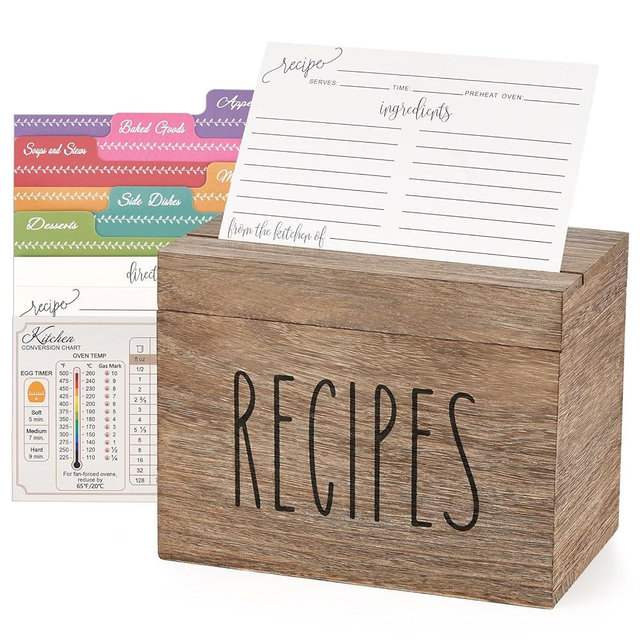 Dahey Wooden Recipe Box Brown Recipe Organizer with 100 Recipe Cards and 6 Dividers, Recipe Card Holder Box Set with Lid and Slots to Write in Your Own Recipes for Cooking Lover Kitchen