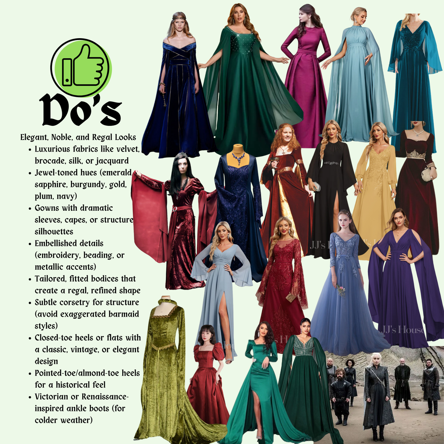Dresses: Formal long gowns. Regal and refined—medieval elegance done right! 💅