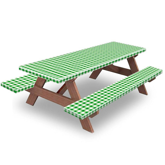 KENOBEE 6ft Picnic Table and Bench Cover, Camping Essentials RV Gear, 72in Waterproof Windproof Outdoor Elastic All Around Tablecloth, Fitted Rectangle Tables and Seats, Green-White Checkered