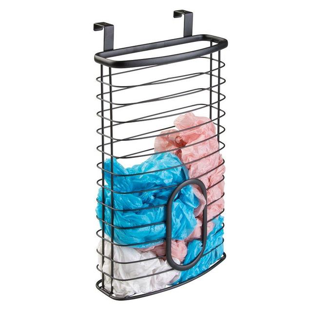 mDesign Metal Over Cabinet Kitchen Storage Organizer Holder or Basket - Hang Over Cabinet Doors in Kitchen/Pantry - Holds up to 50 Plastic Shopping Bags - Matte Black