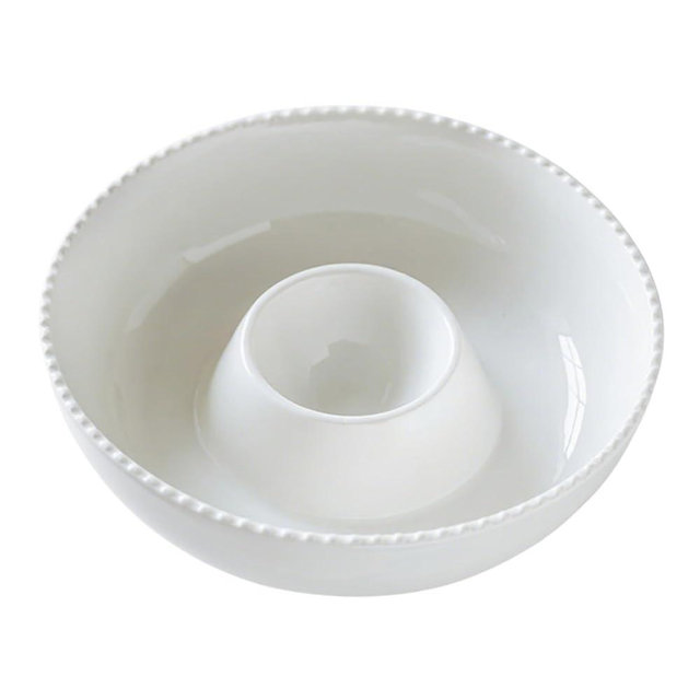 Ausomen 9'' Ceramic Chip and Dip Tray, Middle Size Divided Serving Set for Parties, Mixing Bowl Sets for Salsa, Snack, Veggies, Dumpling, Fruit, Salad, Fruit, Entertaining, Hosting, Ivory White