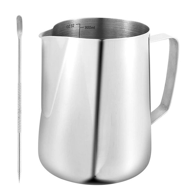 900ml Stainless Steel Milk Frothing Pitcher with Measurement Marks, 32oz Barista Steaming Pitcher for Coffee, Cappuccino, Latte Art Milk Jug Cup for Home & Professional Use (1)