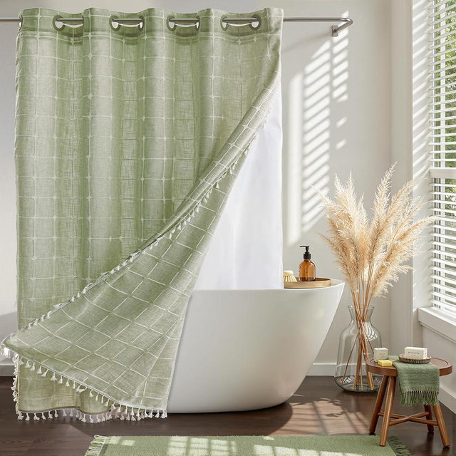 River Dream Sage Green Farmhouse Shower Curtain with Snap-in Liner, No Hooks Needed,with Magnets,with Tassels,Water Repellent&Machine Washable,71x74Inch