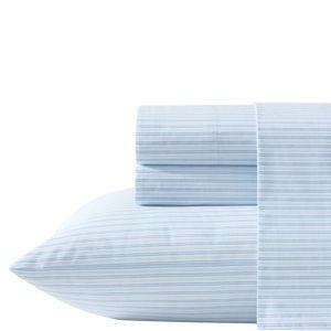 Laura Ashley – Queen Size Sheet Set, Crisp & Lightweight Cotton Percale Bedding with Fitted Sheet and Pillowcases, Striped Room Decor, Deep Pocket, College Dorm Room Essentials (Bedford Skinny Blue)