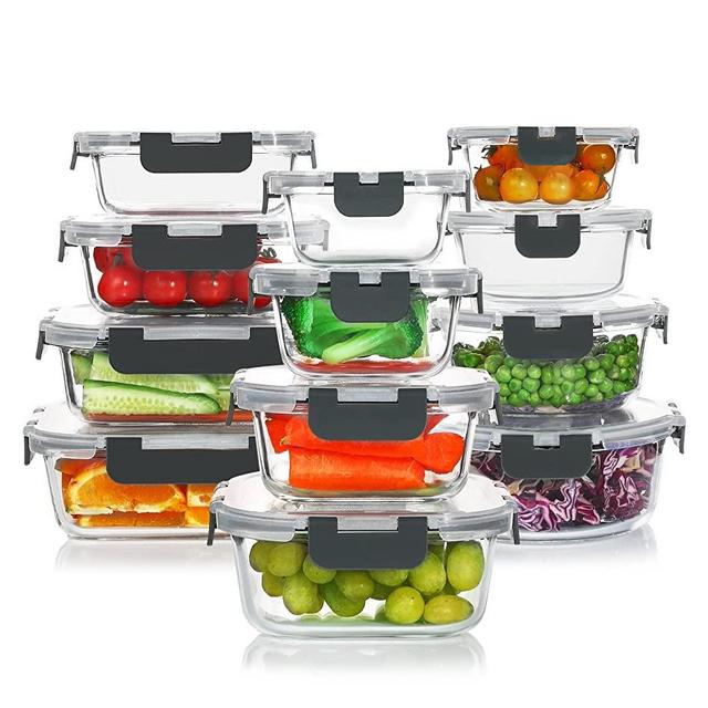 KOMUEE 24-Piece Glass Food Storage Containers Set,Glass Meal Prep Containers Set with Lids, Airtight Glass Lunch Containers, Leak-proof, BPA Free, Microwave, Oven, Freezer & Dishwasher Friendly