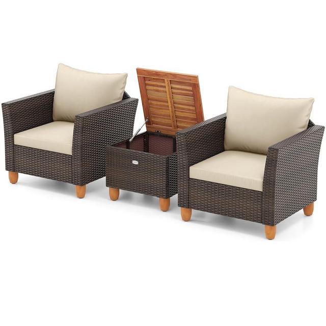 Tangkula 3 Piece Patio Furniture Set, Patiojoy Outdoor PE Wicker Bistro Set with Soft Cushions and Solid Acacia Wood, Outdoor Conversation Set with Porch, Balcony and Garden