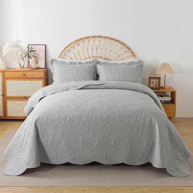 HoneiLife Quilt Set Queen Size - 3 Pieces Queen Quilt Bedding Set Microfiber Quilt Sets Lightweight Bedspreads Reversible Coverlets Retro Bed Cover Floral Bedding Set All Season Quilts-Light Grey