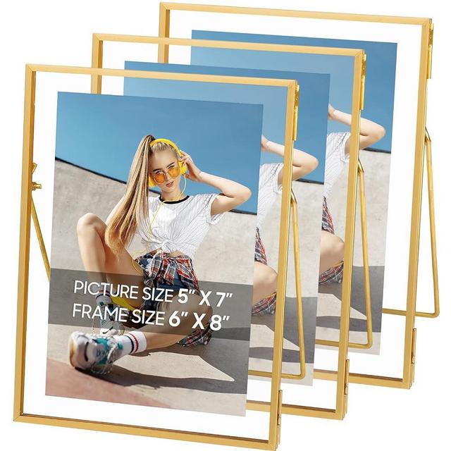 Jajamy Gold Floating Frame Set of 3, 6"x8" Gold Picture Frames for Multi Size Photos 5x7,4x6,3x5, Tempered Glass Photo Frame for Tabletop Display Wedding, Home Decor