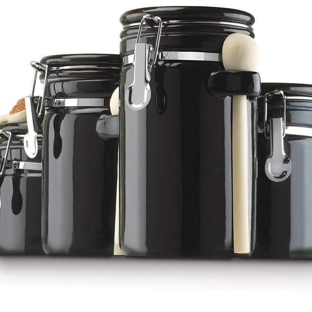 4-Piece Kitchen Counter Black Canister Set Spieces Flour Sugar Coffee Tea Cocoa