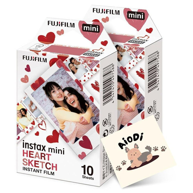 Fujifilm Mini Heart Sketch Instant Camera Film: 20 Shoots Total, (10 Sheets x 2) - Capture Memories Anytime, Anywhere - AIODI Sticker Included
