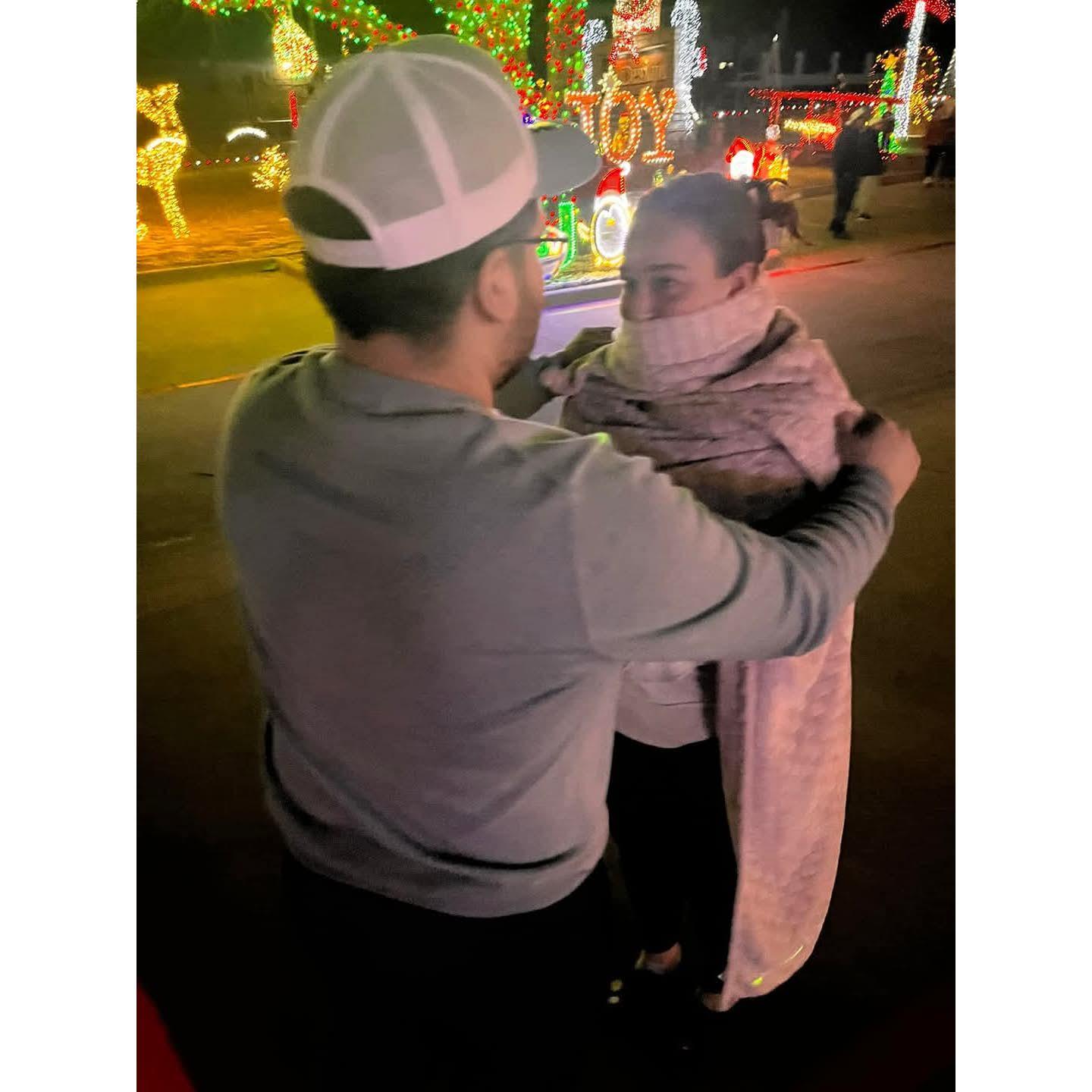 That time we went to see the pretty Christmas lights! It was very cold, and Maggie forgot her jacket...