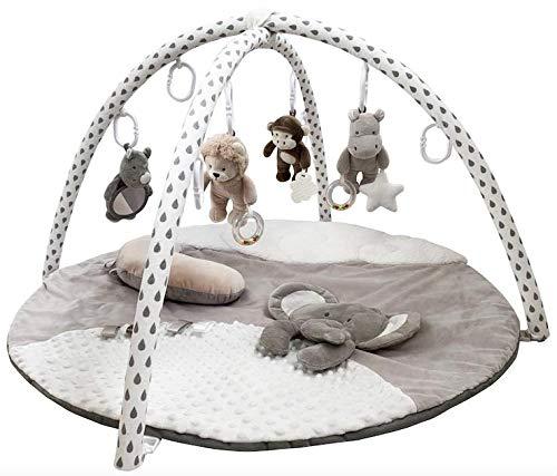 Gabby Grove Gentle Jungle Educational Baby Activity Gym and Infant Play Mat in Grey Shower Gift for Newborn with Mirror, Tummy Time Pillow, and Toys in Gray, White and Cream Neutral Tones