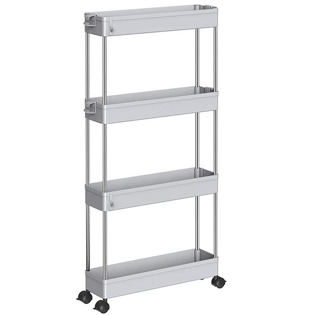 SPACEKEEPER Storage Cart 4 Tier Slim Mobile Shelving Unit Organizer Slide Out Storage Rolling Utility Cart Tower Rack for Kitchen Bathroom Laundry Narrow Places, Plastic & Stainless Steel, Gray