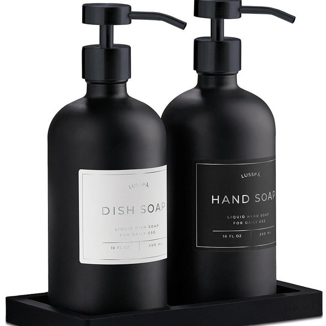 Lusspa Lotion, Hand & Dish Soap Dispenser for Kitchen Sink - Bathroom Soap Dispenser Set of 2 16.8 Oz Glass Bottles with Stainless Steel Pump, 15 Water Proof Labels & Silicon Tray (Black)