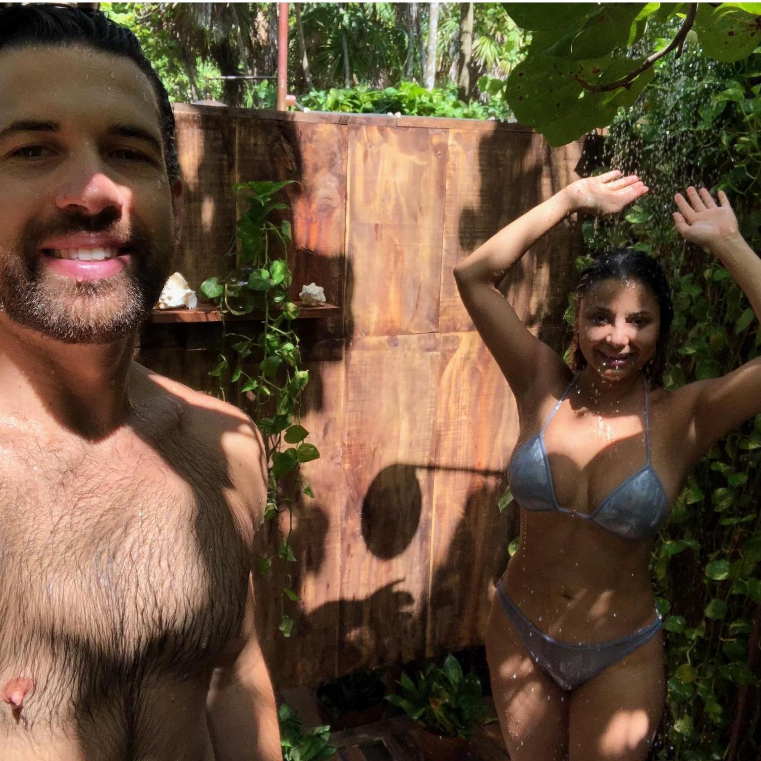 We went to visit my sister in Tulum over Judy's birthday and stayed at her eco-chic oceanside beach club, represented here by this organic, raw earth design, cenote powered outdoor shower.