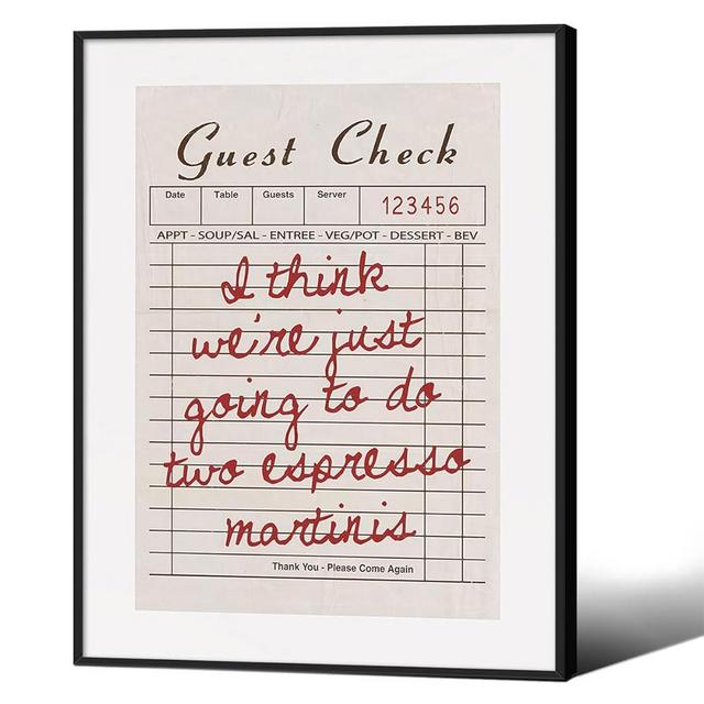 Red Brown Guest Check Canvas Wall Art Retro Espresso Martini Poster Trendy Bar Cocktails Cart Prints 12X16 inch Black Framed Vintage Receipt Wall Decor for Coffee Shop Home Bar