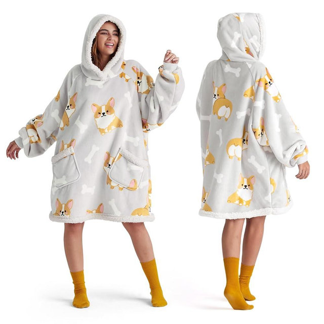 Bedsure Wearable Blanket Hoodie, Sherpa Hooded Blanket Printed for Adult & Kids as Gifts for Women, Mom Gifts Sherpa Hoodie, Standard, Corgi, Silver Grey