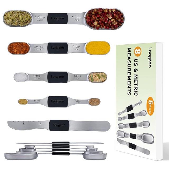 longzon 8 Full-Sized Measurements Magnetic Measuring Spoon Set with Leveler - Durable Engraved Markings, Magnetic Absorbent, Stackable Stainless Steel - Suitable for Most Spice Jars