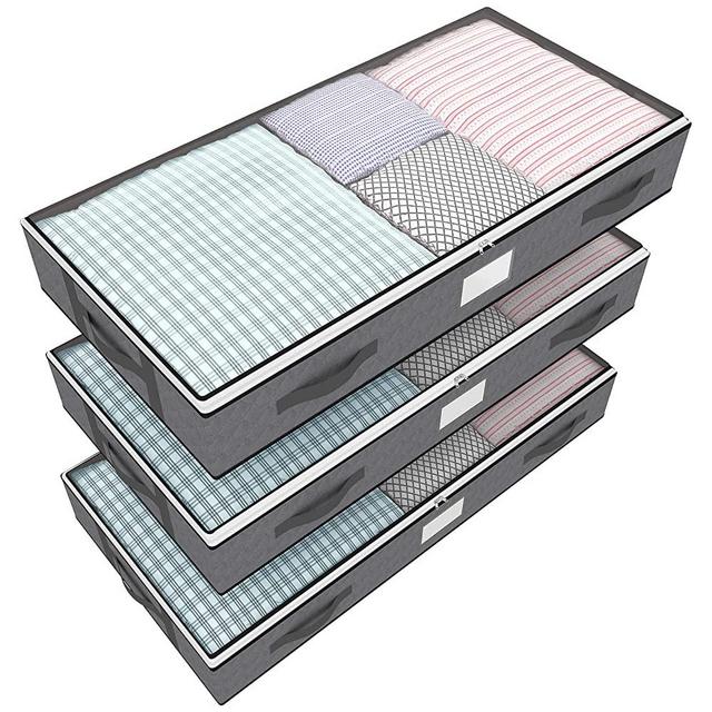 Fixwal Under Bed Storage Bins with Lids, 3pcs Large Underbed Clothes Blankets Comforters Containers，Storage Bags with Clear Windows and Extra Reinforced Handles, Grey