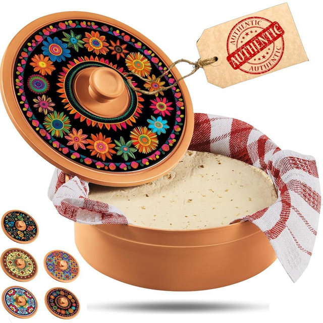 woobud Authentic Terracotta Tortilla Warmer w Decorative Lid, Mexican Terra Cotta Tortillas Holder w Warmer Cloth, Traditional Clay Tortilla Container Heater & Tortillero - Floral Folk