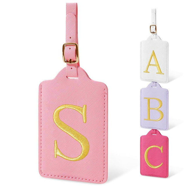 Personalized Initial Luggage Tags for Suitcases, Cute PU Leather Embroidered Letter Travel Luggage Tags, Suitcase Identifier Name Baggage Tag, Bag Tags for Men Women Kids Luggage Handbags(Pink S)