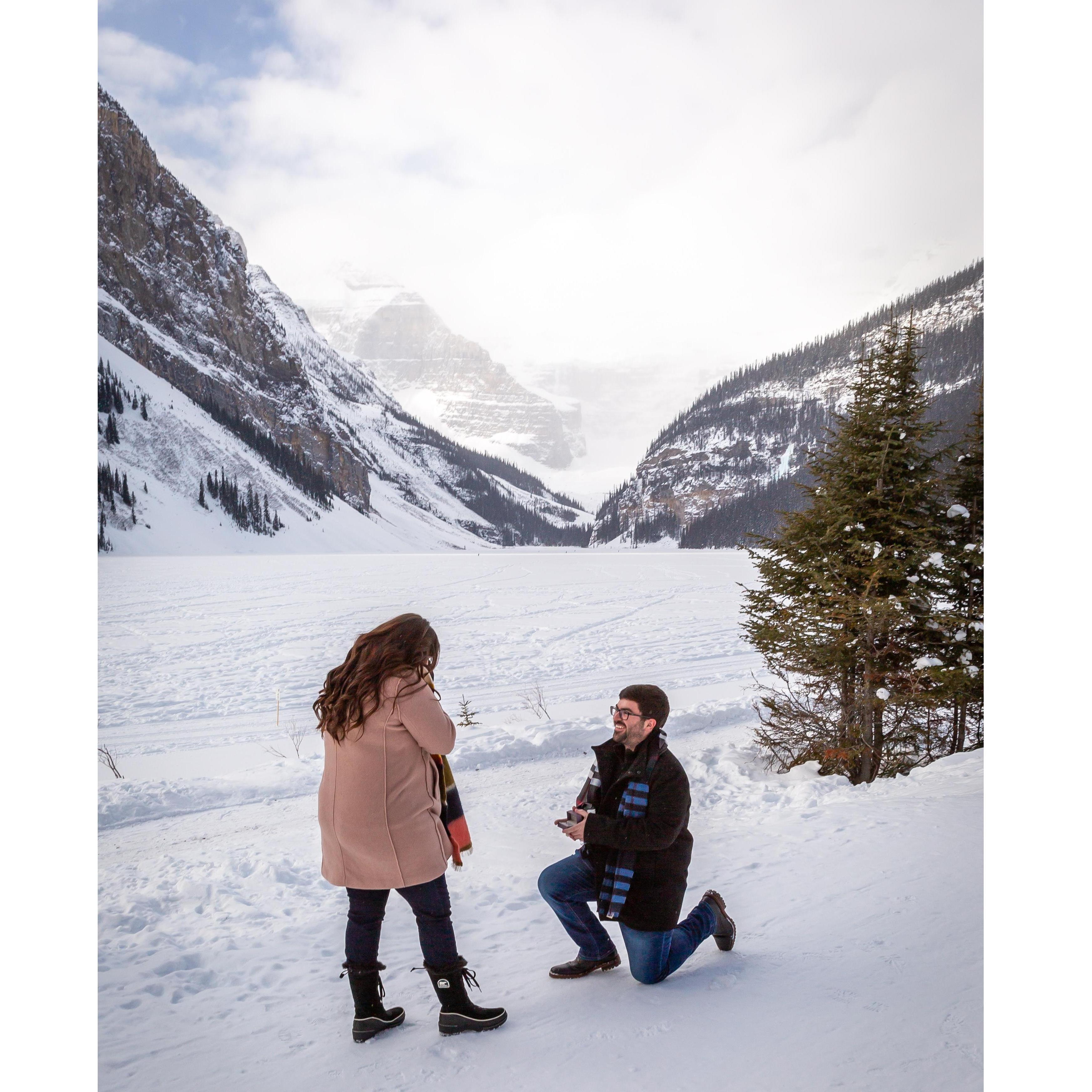 When Andrew proposed at Lake Louise in Canada