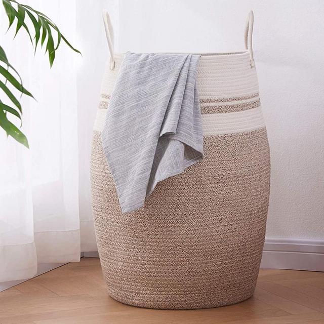 Oiahomy Laundry Hamper Woven Cotton Rope Large Clothes Hamper 25.6" Height Modern Curver Basket with Extended Cotton Handles for Storage Clothes Toys in Bedroom, Bathroom, Foldable (Yellow variegated)