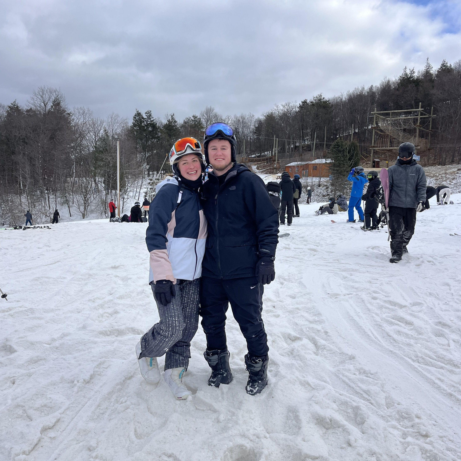 Both of us enjoy snowboarding, despite one of us being slightly more experienced than the other...