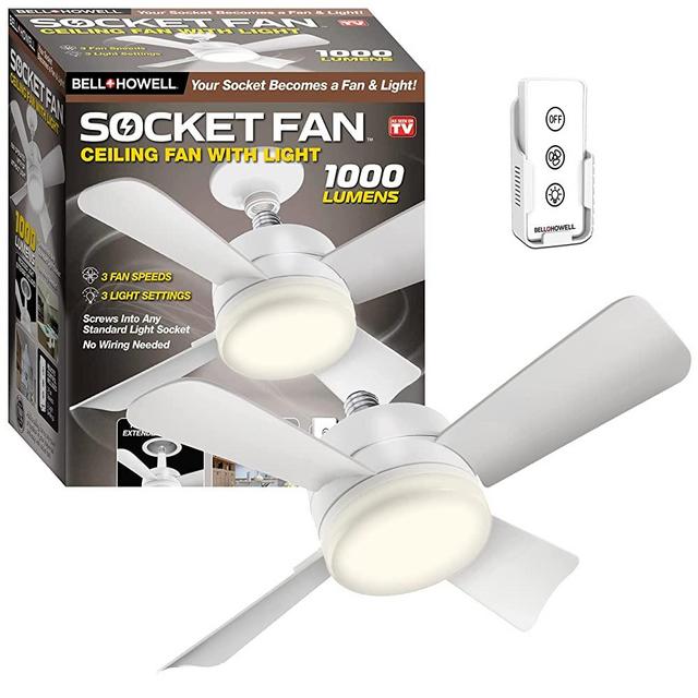 Socket Fan Ceiling Fan with Light, 1000 Lumens Ceiling Fan with Light & Remote, Screws into Any Light Socket No Wiring Needed, 3 Fan Speeds 3 Light Settings, College Dorm Room Essentials As Seen on TV