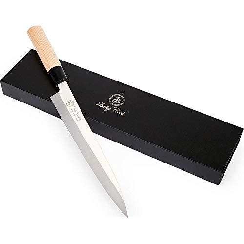 Sashimi Sushi Knife 10 Inch - Perfect Knife For Cutting Sushi & Sashimi, Fish Filleting & Slicing - Very Sharp Stainless Steel Blade & Traditional Wooden Handle + Gift Box