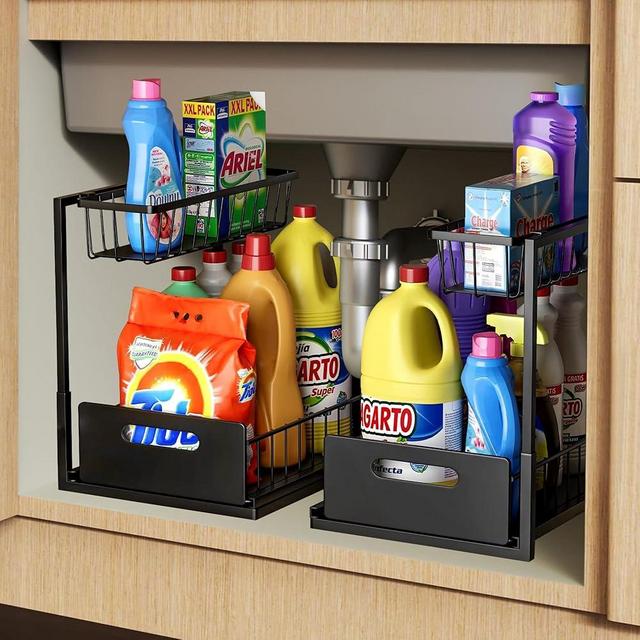 Under Sink Organizer 2 Pack - Under Kitchen Sink Organizers and Storage, 2 Tier Slide Out Sink Shelf Cabinet Drawer - Store Large Items - No Drilling Rustproof Carbon Steel Shelf - Black