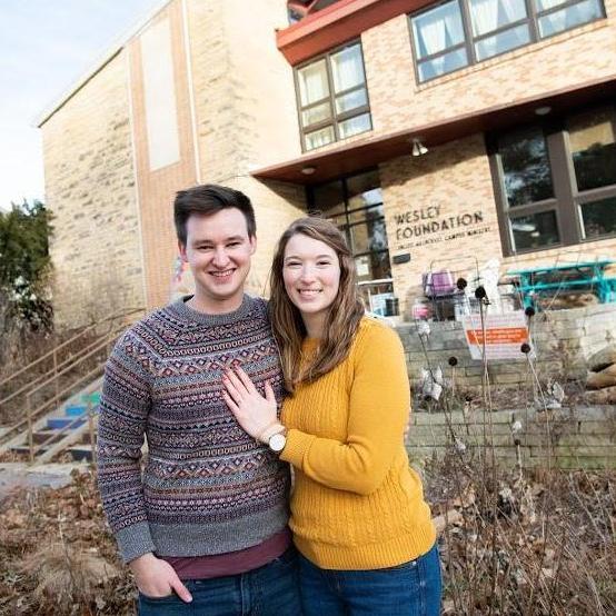 In front of where we met on campus on the day we got engaged