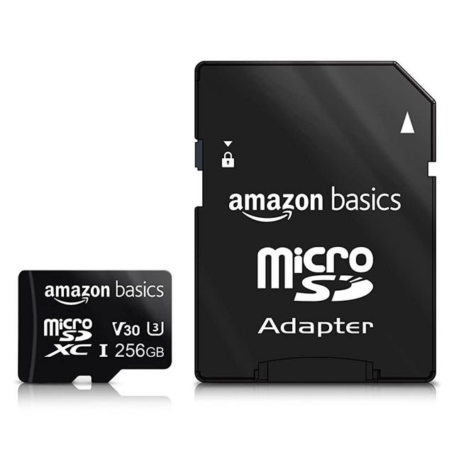 Amazon Basics 256GB microSDXC Memory Card with Full Size Adapter, A2, U3, read speed up to 100 MB/s