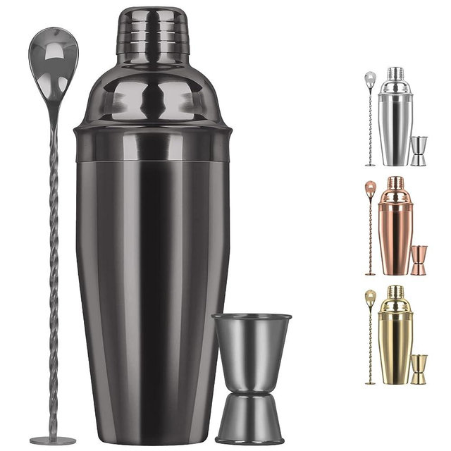 Large 24oz Cocktail Shaker Set, Stainless Steel 18/8 Martini Mixer Shaker with Built-in Strainer, Measuring Jigger & Mixing Spoon, Martini Shaker Set, Perfect for Bartender and Home Use, Black